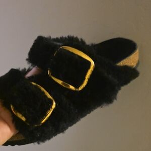 Birkenstock Black and Gold Fuzzy Sandals